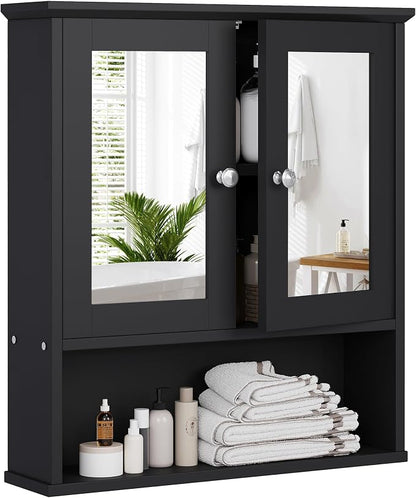 Bathroom Wall Cabinet with Mirror, Bathroom Mirror Cabinet Wall Mounted, Over Toilet Medicine Cabinets with Adjustable Shelf, Large Capacity, Black