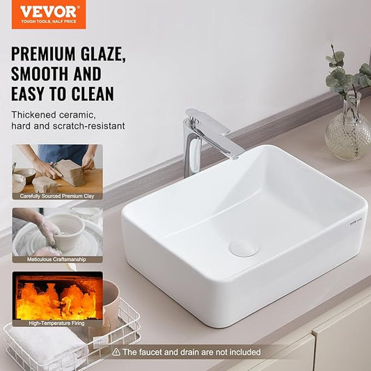 VEVOR Rectangle Vessel Sink, 19" x 14.7" Countertop, White Ceramic Above Counter, Modern Style, Bright and Elegant, Well-Packaged for Bathroom, Hotel, Toilet, RV
