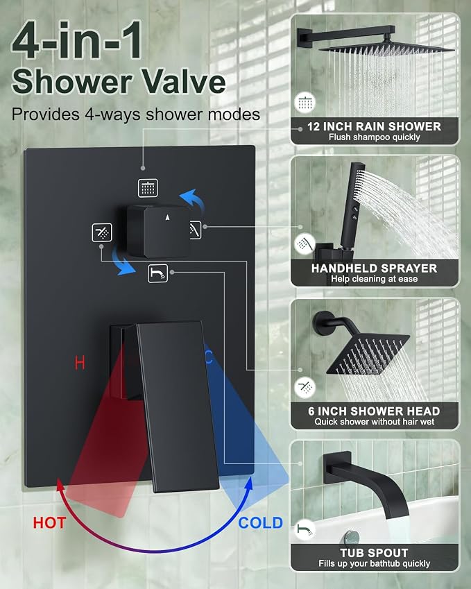 Rain Shower System with Rough-in Valve, Wall Mount Shower Faucet Set with 12" & 6" Dual Rain Shower Heads, 2-in-1 Handheld Shower, Tub Spout, 4-Function Complete Shower Fixture, Matte Black