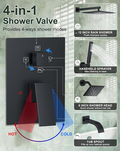 Rain Shower System with Rough-in Valve, Wall Mount Shower Faucet Set with 12" & 6" Dual Rain Shower Heads, 2-in-1 Handheld Shower, Tub Spout, 4-Function Complete Shower Fixture, Matte Black
