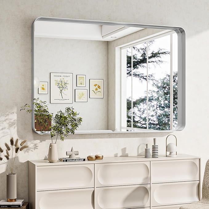 Bathroom Mirrors for Over Sink 24 x 32 Inch Rectangle Bathroom Vanity Mirror with Rounded Corner Bathroom Mirror for Wall for Living Room Bedroom Entryway Silver