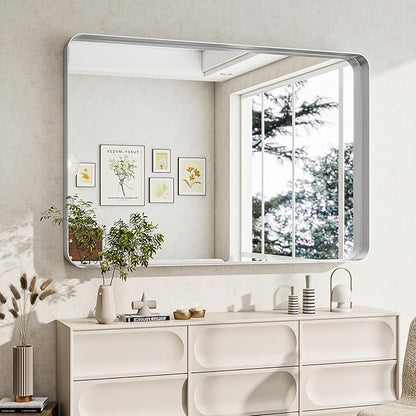 Bathroom Mirrors for Over Sink 24 x 32 Inch Rectangle Bathroom Vanity Mirror with Rounded Corner Bathroom Mirror for Wall for Living Room Bedroom Entryway Silver