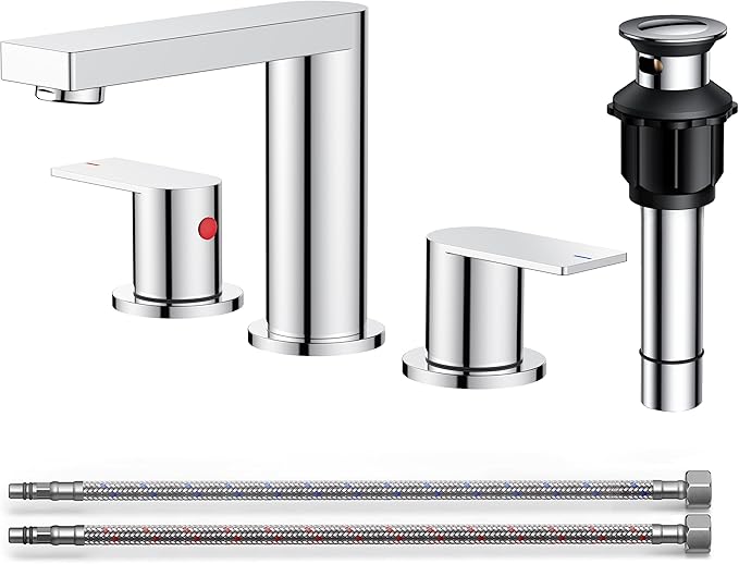 FORIOUS Chrome Bathroom Faucets 3 Hole, 8 Inch Widespread Bathroom Sink Faucet with Pop-up Drain and Cupc Supply Lines, 2-Handle for Vanity, Hotel
