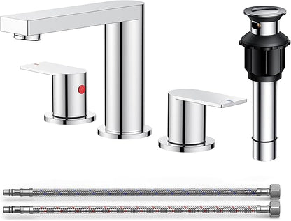FORIOUS Chrome Bathroom Faucets 3 Hole, 8 Inch Widespread Bathroom Sink Faucet with Pop-up Drain and Cupc Supply Lines, 2-Handle for Vanity, Hotel