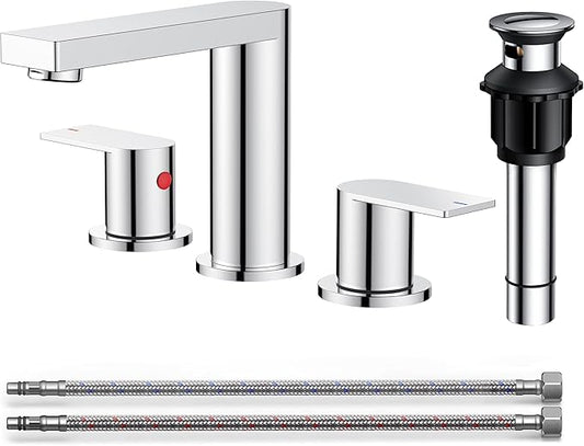 FORIOUS Chrome Bathroom Faucets 3 Hole, 8 Inch Widespread Bathroom Sink Faucet with Pop-up Drain and Cupc Supply Lines, 2-Handle for Vanity, Hotel