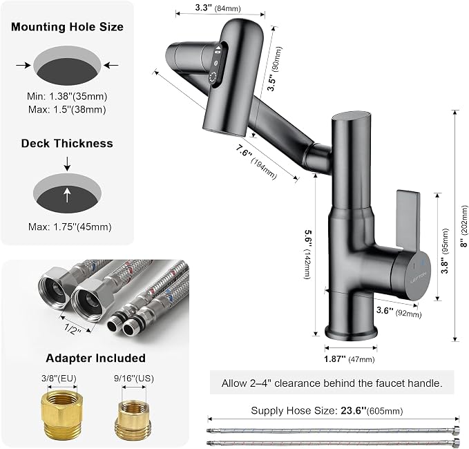 Rotatable Bathroom Faucet with Temperature Display in Fahrenheit (Batteries-Free), 3 Water Modes, Dark Grey, BF2204-2