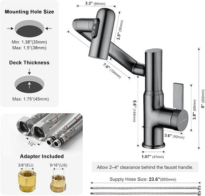 Rotatable Bathroom Faucet with Temperature Display in Fahrenheit (Batteries-Free), 3 Water Modes, Dark Grey, BF2204-2