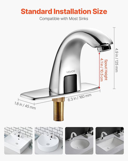 VEVOR Touchless Bathroom Sink Faucet, Automatic Motion Sensor Restroom Toilet Faucet with Hole Cover Plate, Battery Operated,Adjustable Temp for 9/16 in Pipe Commercial Lavatory,Chrome Plated Silver