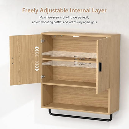 Bathroom Cabinet Wall Mounted: Over The Toilet Storage Cabinet with Adjustable Shelf & Towels Bar - 3-Tier Wood Medicine Cabines Large Space