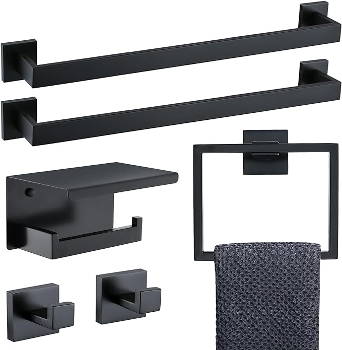 6-Piece Black Bathroom Hardware Set 23.6 Inch Towel Bar Set Double Towel Bar Towel Ring Coat Hook and Toilet Paper Holder with Shelf Wall Mounted Stainless Steel Bathroom Accessories Set