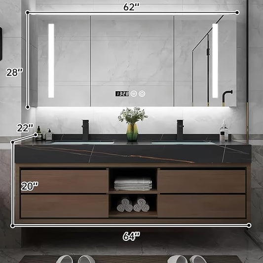64IN Double Sink Bathroom Vanity, Floating Modern Bathroom Vanity Include Smart Defog Mirror Cabinet with LED Light, Solid Wood Vanities with Integrated Sink and Drawers Storage