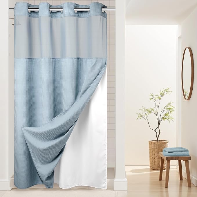 River Dream Heavyweight Waffle No Hook Shower Curtain with Liner,Blue,54x80 | Dotted Waffle,Snap-in Liner,Heavy Duty,Quick Dry,Mesh Top Window,With Bottom Magnets,Hotel-Grade,Washable,Stall Long Size