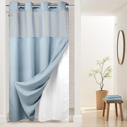 River Dream Heavyweight Waffle No Hook Shower Curtain with Liner,Blue,54x80 | Dotted Waffle,Snap-in Liner,Heavy Duty,Quick Dry,Mesh Top Window,With Bottom Magnets,Hotel-Grade,Washable,Stall Long Size