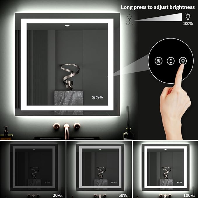 LOAAO 40"X38" LED Bathroom Mirror with Lights, UL Listed | Anti-Fog, Dimmable, 3 Color Temperature, Backlit + Front Lit, Memory Function, Tempered Glass