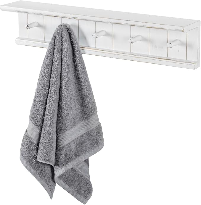 MyGift Wall Mounted White Wood Bathroom Shelf with 5 Hooks Towel Rack | Open Display Shelving with Five Hanging Pegs for Towels, Robes, Keys & Everyday Essentials, Rustic Farmhouse Style