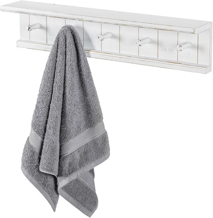 MyGift Wall Mounted White Wood Bathroom Shelf with 5 Hooks Towel Rack | Open Display Shelving with Five Hanging Pegs for Towels, Robes, Keys & Everyday Essentials, Rustic Farmhouse Style