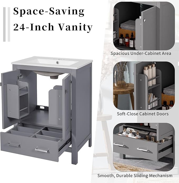 Favfurish 48" Bathroom Vanity with Ceramic Double Sink, Undermount Double Basin Vanity Set w/2 Divided Drawers and 4 Double-Layer Soft Close Doors & Built-in Shelf, Freestanding Storage Cabinet,Gray