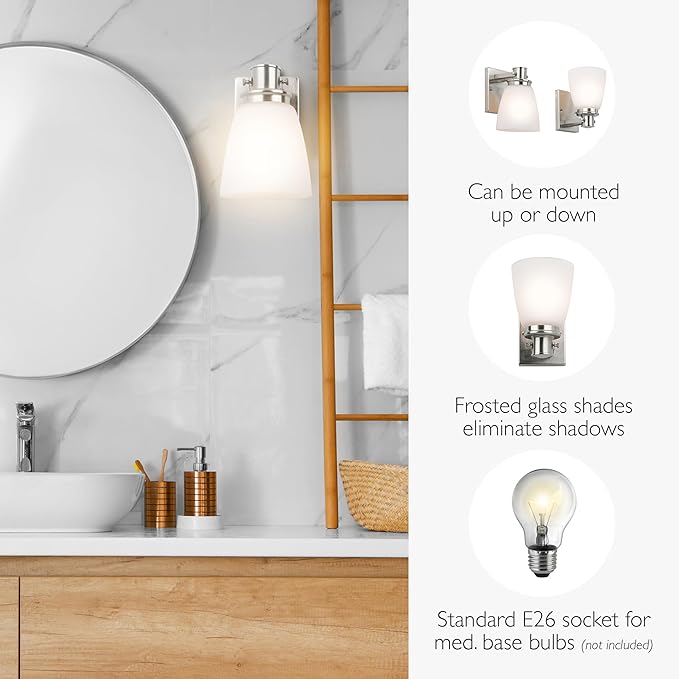 Design House Atkinson Wall Sconce, 1-Light, Frosted White Glass Shade, Dimmable, Up/Down Mountable, E26 Socket, Satin Nickel, 6.0 in L x 7.4 in W x 8.9 in H, 589515