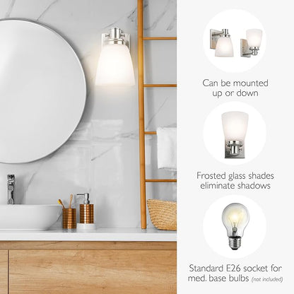 Design House Atkinson Wall Sconce, 1-Light, Frosted White Glass Shade, Dimmable, Up/Down Mountable, E26 Socket, Satin Nickel, 6.0 in L x 7.4 in W x 8.9 in H, 589515