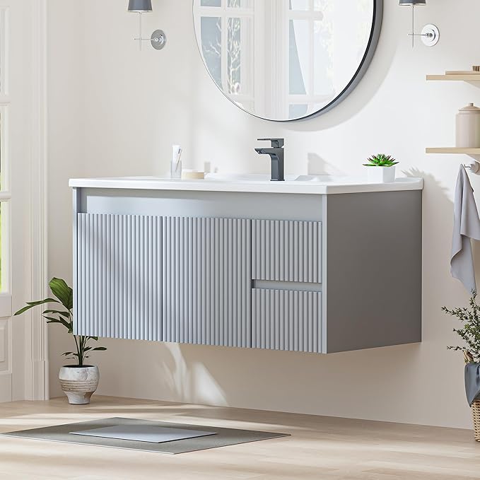 Floating Bathroom Vanity with Sink, 40 Inch Wall Mounted Bathroom Vanity with 2 Drawers and Wave-Carved Design Door, Modern Wooden Cabinet with Ceramic Sink and Storage, Grey