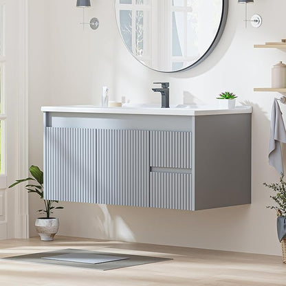 Floating Bathroom Vanity with Sink, 40 Inch Wall Mounted Bathroom Vanity with 2 Drawers and Wave-Carved Design Door, Modern Wooden Cabinet with Ceramic Sink and Storage, Grey