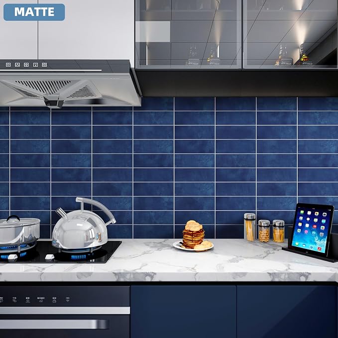 Tilingview 30 PCS Peel and Stick Backsplash Tile for Kitchen/Bathroom/Living Room, 3"x 9" Self-Adhesive Subway Tile for Backsplash, Imitation Glazed Tiles/Handmade Tiles (Matte Navy Blue)