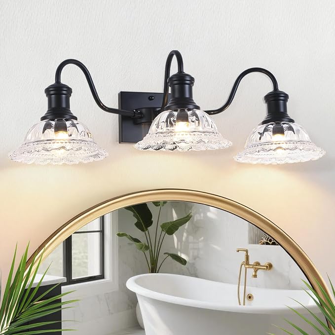 Vintage Bathroom Light Fixtures, 3-Light Matte Black Vanity Light with Flower Glass Shade, Bathroom Lighting Fixtures Over Mirror for Bedroom, Dressing Table