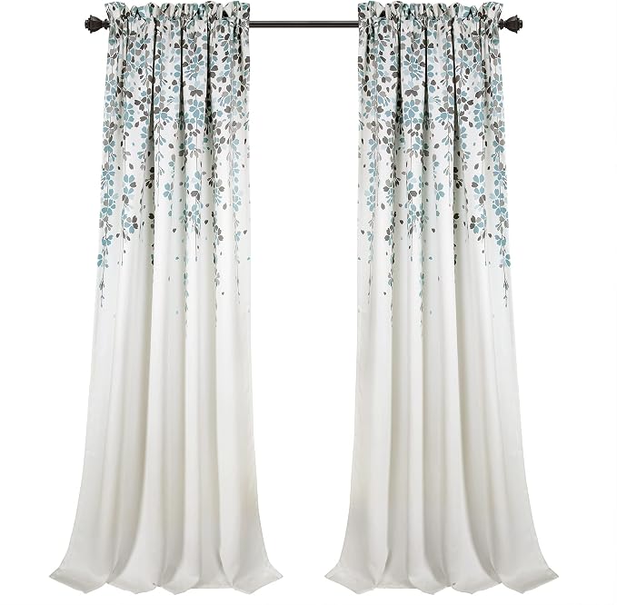 Lush Decor Weeping Flower Light Filtering Window Curtain Panels, Pair, 52"W x 108"L + 2" Header, Blue & Gray - Charming Modern Floral Curtains for Living Room, Dining Room, & Bedroom