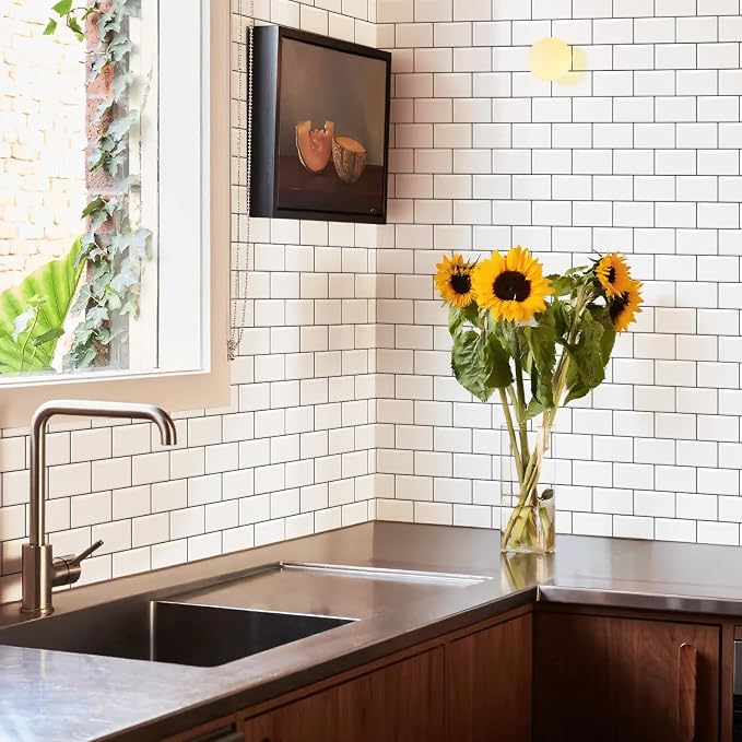 10 Sheets Thicker Design Peel and Stick Backsplash, 12"x12" Peel and Stick Wall Tiles, Subway Look Marble Tiles Backsplash for Kitchen and Bathroom, White