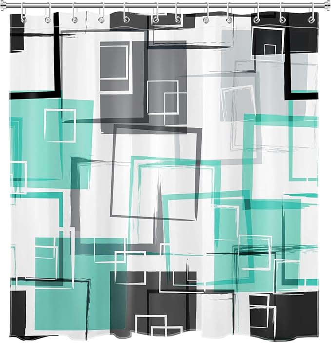 Teal Geometric Shower Curtain with Hooks Mid Century Modern Neutral Geometric Fabric Shower Curtain Modern Design Teal and Grey Pattern Abstract Bathroom Curtains Shower Set, 72Lx72W inches