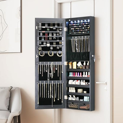 LED Jewelry Cabinet Armoire Organizer,Wall/Door Mount Jewelry Organizer and Storage with Full-Length Mirror Hanging Jewelry Organizer Full Length Mirror with Storage Large Capacity Black