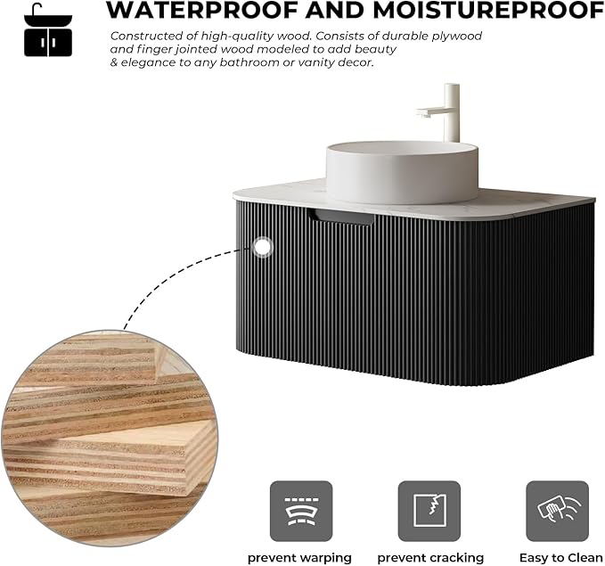 LKTART 36 Inch Floating Bathroom Vanity with Sink, Modern Wall Mounted Bathroom Storage Cabinet with Drawer, Round White Ceramic Sink Top and Marble Texture Top,Black