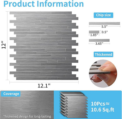 Art3d 10-Pack Metal Peel and Stick Backsplash Tile, Silver Parallel | 12" x 12", Stainless Steel, Self Adhesive, Anti-Corrosion, Waterproof, Lightweight, Ideal for Kitchens, Bathrooms