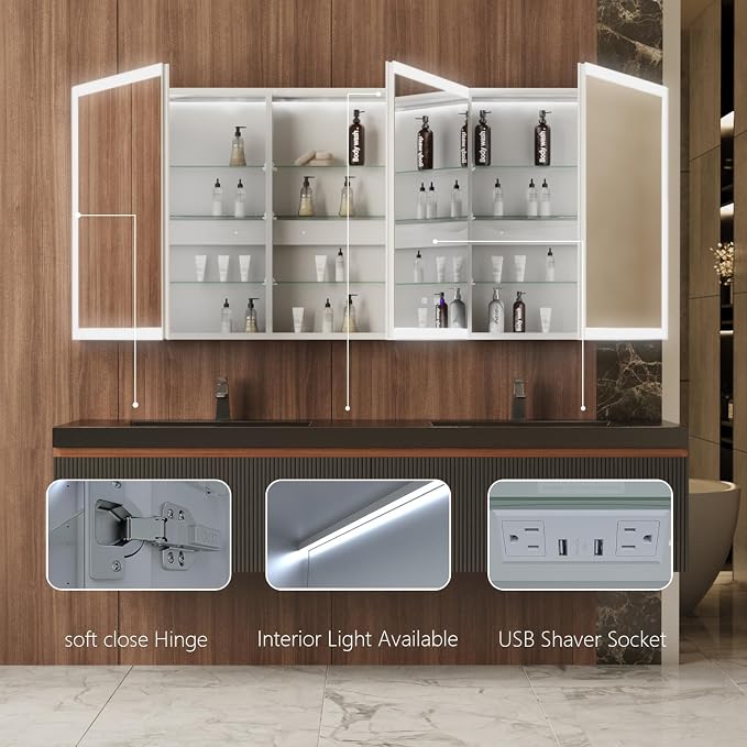 72 in. W Smart Lighted Medicine Cabinet with Mirror for Bathroom, Recessed/Surface Mount Medicine Cabinet with Anti-Fog, 1800W Charging Station, USB Ports, 3 Color Lights