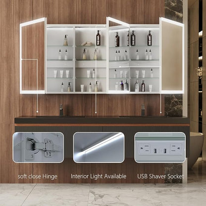 72 in. W Smart Lighted Medicine Cabinet with Mirror for Bathroom, Recessed/Surface Mount Medicine Cabinet with Anti-Fog, 1800W Charging Station, USB Ports, 3 Color Lights