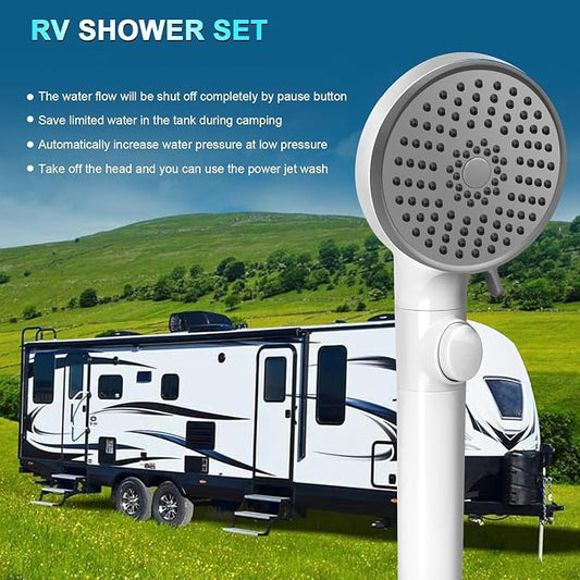RV Shower Head with Hose, High Pressure 5 Mode Shower head Replacement, Showerheads for RV/Campers, Travel Trailer, Motorhome for Water Saving, Shower Head Holder and Hose, On Off Switch, White