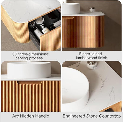 30 inch Bathroom Vanity with Sink, Floating Cabinet with Ultra-Thin Ceramic Basin and Marble Top, Extra Large Storage Drawer, Soft-Close Design, Nature Wood