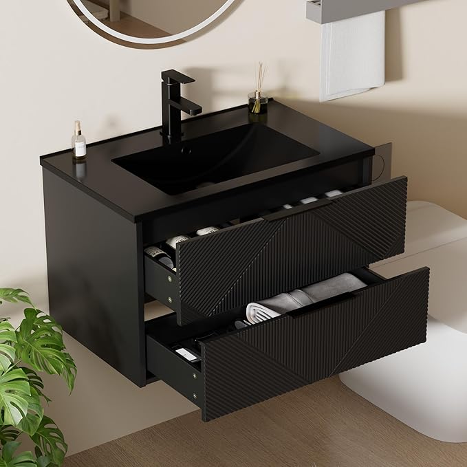 LUCKWIND 30" Floating Bathroom Vanity with Black Sink Combo, Wall Mounted Floating Cabinet with 2 Large Soft-Close Drawers & Water Saving Faucet, Geometric Textured Design in Black