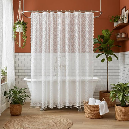WAZZIO White Lace Shower Curtain - Vintage Pretty Flower Sheer Shower Curtains, Elegant Decorative Tassel Bath Curtains for Bathroom, 72 x 72 Inch, 1 Piece