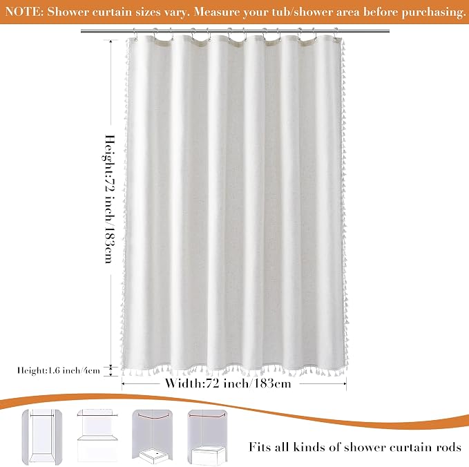 Beige White Boho Linen Shower Curtain 72 Inch Long Fancy Hotel Style Textured Fabric Weighted Tassel Shower Curtain Set with Hooks Modern Bohemian Style Bath Decor for Bathroom 72x72