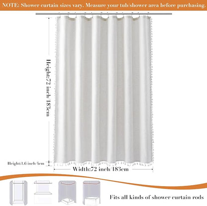Beige White Boho Linen Shower Curtain 72 Inch Long Fancy Hotel Style Textured Fabric Weighted Tassel Shower Curtain Set with Hooks Modern Bohemian Style Bath Decor for Bathroom 72x72
