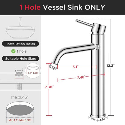 FORIOUS Vessel Sink Faucets Single Handle, Chrome Tall Bathroom Faucet | for 1 Hole Vessel Sink Only, Modern Faucet with Pop up Drain, for Basin Bowl Vanity Lavatory Residential/Commercial Use