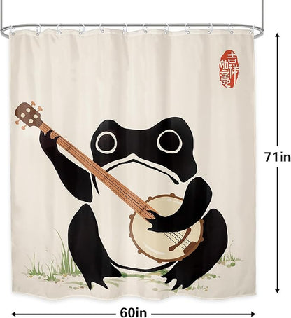 LGhtyro Funny Frog Shower Curtain Bathroom Set 60Wx71H Inches Japanese Asian Style Cute Animal Playing Banjo Vintage Traditional Art Retro Bath Accessories Beige Art Home Decor Fabric 12 Pack Hooks