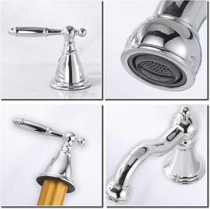 RKF Bathroom Faucets for Sink 3 Chrome 8 inch Widespread Bathroom Sink Faucet with Drain Double Lever Handle Faucet Bathroom Vanity Faucet Basin Mixer Tap WF013-C