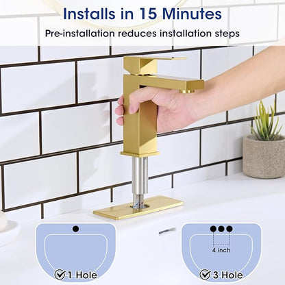 Brush Gold Bathroom Faucet, Stainless Steel Vanity Faucet with Pop Up Drain Stopper and Water Hoses, Easy to Install Bathroom Faucet 1 Hole for Bathroom Sink, Vanity, RV, Farmhouse