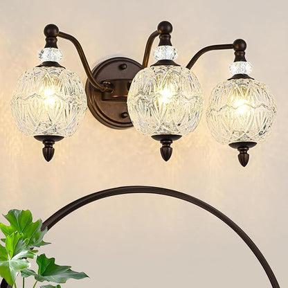 Vintage Bathroom Vanity Light, 3-Light Mid Century Oil Rubbed Bronze Finish Wall Sconce with Globe Glass Shades, Retro Mirror Light for Bathroom, Powder Room
