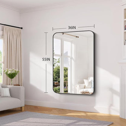 Koonmi Black Framed Bathroom Mirror - 36x55 Inch Shatterproof Tempered Glass Vanity Mirror for Bathroom Sink, Wall Mounted with Matte Aluminum Alloy Frame, No Distortion, Modern Decor
