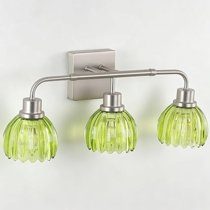 Ralbay Vintage Vanity Lights Bathroom Light Fixture Over Mirror for Bath Brushed Nickel Modern Wall Sconces with Green Crystal Glass Shade for Bedroom,Living Room,Hallway(3-Light)
