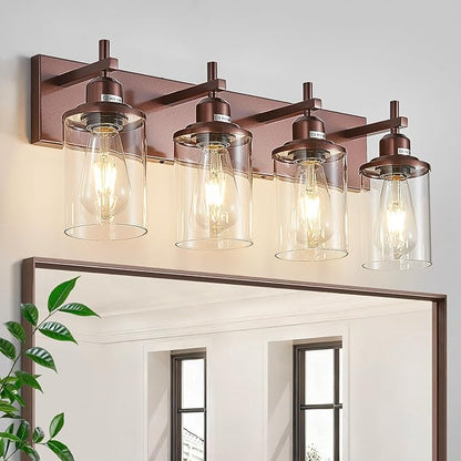 4-Light Bronze Bathroom Light Fixtures Over Mirror, Modern Bathroom Vanity Light with Clear Glass Shade, Wall Sconce for Bathroom Hallway Cabinet Bedroom