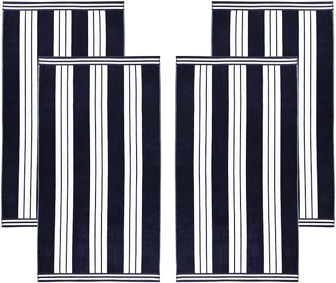Superior Oversized Cotton Beach Towel Set of 4, Absorbent Towels for Bathroom, Beach, Pool, Swim, Adults, Kids, Vacation, Travel, Bath Sheet, Quick Dry Basics, Trip Essentials, Striped Decor, Blue